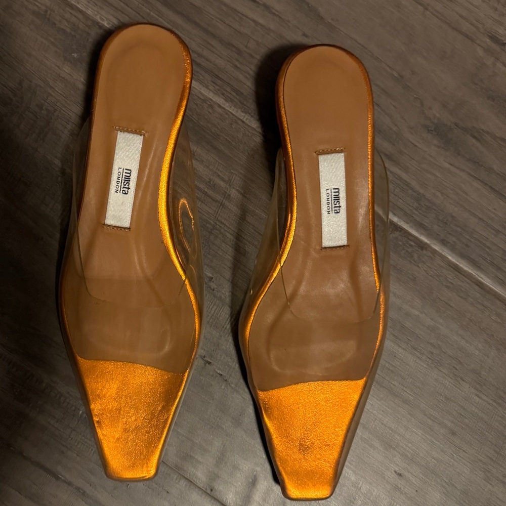 Miista London translucent /copper slide on sandal /kitten heel